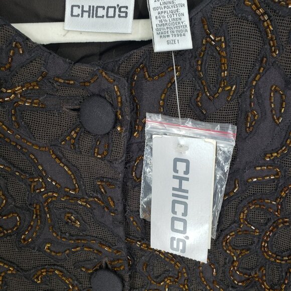 Chicos Beaded Jacket Embellished Collarless Button Down Brown Cotton Long Sleeve - Picture 4 of 7